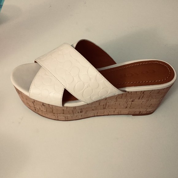 Coach $225 Espadrilles sz6.5 Cork Wedge Slide Sandals Logo Cross Band Chalk - Picture 3 of 5